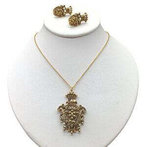 Vintage Gold-Tone Necklace & Screw Back Earrings Set with Ornate Baroque Style